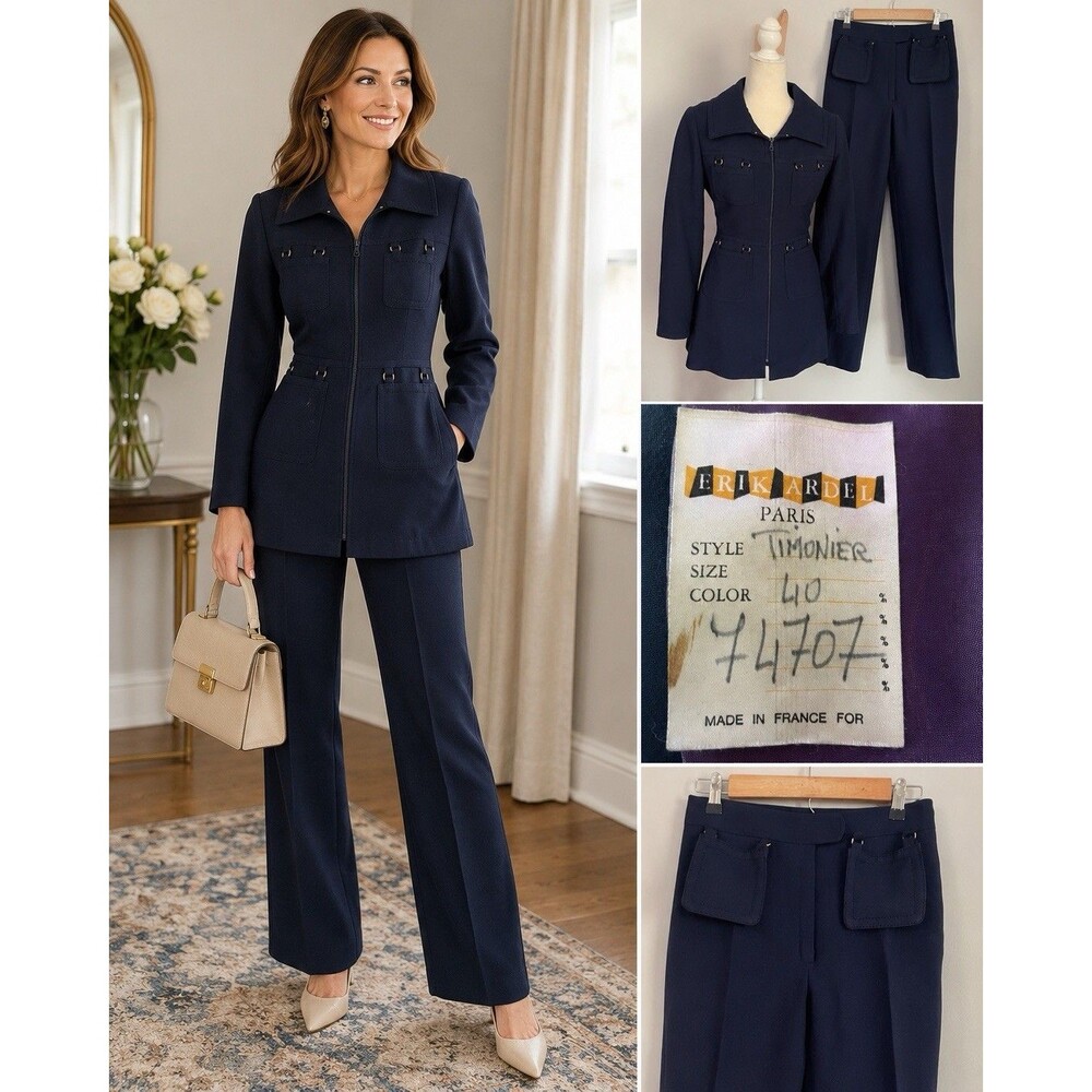 Vtg 60s 70s ERIK ARDEL Paris Timonier Navy two-piece Suit Sz 40 Made in France